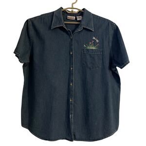 Bill Blass Vintage Denim Embroidered Button Down Short Sleeve Top Size 2X